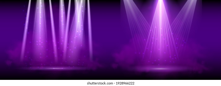 El foco morado. Luces luminosas con focos de luz en el escenario con conductos violetas sobre fondo transparente.