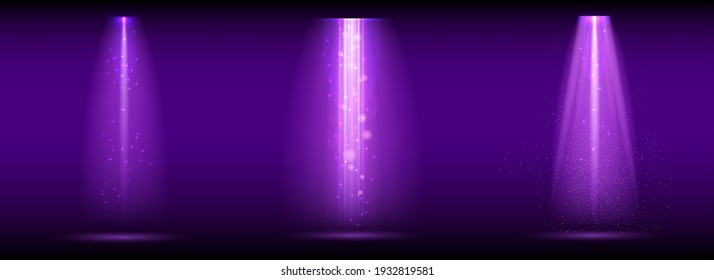 Purple spotlight. Set of bright lighting with spotlights of the stage with purple ducst on transparent background