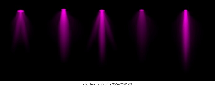 Purple spotlight set. Multiple focused beams, ceiling-mounted lighting, bright white glow, stage illumination, modern lighting design, minimalistic decor, professional setup
