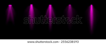 Purple spotlight set. Multiple focused beams, ceiling-mounted lighting, bright white glow, stage illumination, modern lighting design, minimalistic decor, professional setup