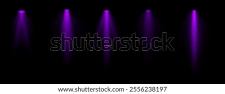 Purple spotlight set. Multiple focused beams, ceiling-mounted lighting, bright white glow, stage illumination, modern lighting design, minimalistic decor, professional setup