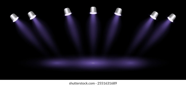 Purple spotlight set projector. Multiple angled beams, ceiling-mounted fixtures, bright illumination, stage lighting, event decor, modern interior design, professional equipment, dramatic lighting.