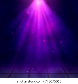 Purple spotlights, fog, smoke. Scene. Disco. Light Effects. Vector illustration