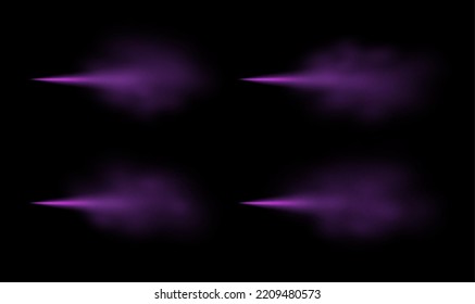 Purple spray mist, fashion freshener with magic haze isolated on a dark background. Realistic vector effect. Luxury scent template.