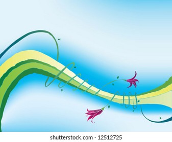 Purple spring flowers budding on curvy ornamental green, yellow vine with blue background.  Room for your copy. Hand drawn file is created in layers and grouped for easy editing.