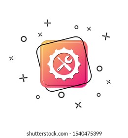 Purple square button with the white gear icon with a screwdriver and a wrench. Simple flat design.