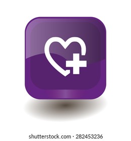 Purple square button with white heart (add favorite) sign, vector design for website 