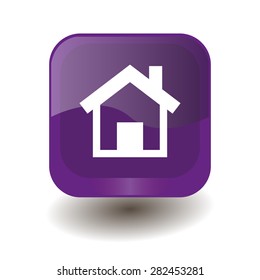 Purple square button with white houme sign, vector design for website 