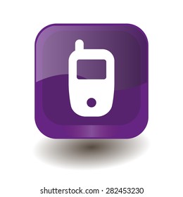 Purple square button with white Phone sign, vector design for website 