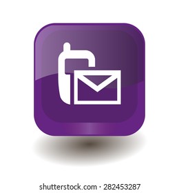 Purple square button with white sms (mms) sign, vector design for website 