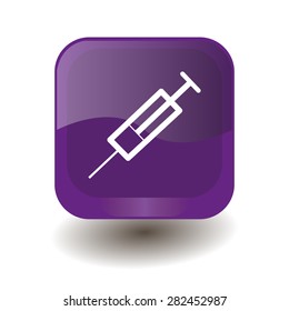 Purple square button with white syringe sign, vector design for website 