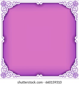 Purple Square cutout paper frame with lace corner ornament, greeting card or wedding invitation template, eps10 vector illustration