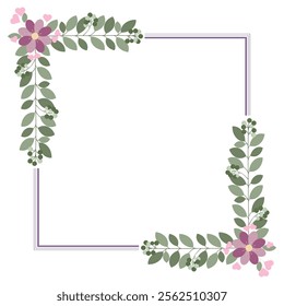 Purple Square Frame Wreath Decorated With Flowers And Green Leaves