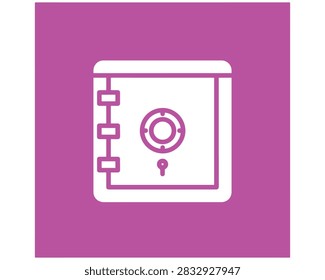 Purple square icon featuring a white bank vault safe symbol representing financial security and asset protection money safe secure storage white outline banking icon lockbox symbol security