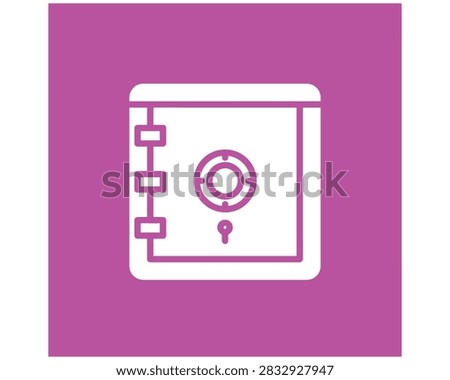 Purple square icon featuring a white bank vault safe symbol representing financial security and asset protection money safe secure storage white outline banking icon lockbox symbol security