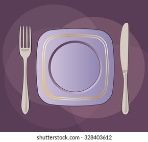 Purple square plate, knife and fork vector illustration.