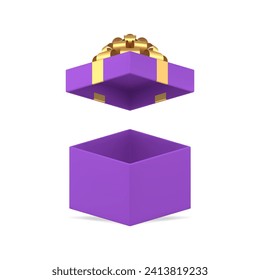 Purple squared empty gift box with open cap and golden bow ribbon 3d icon realistic vector illustration. Violet fashion container for present luxury package expensive surprise holiday celebrate