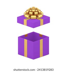 Purple squared gift box with open cap and golden bow ribbon 3d icon realistic vector illustration. Violet present package festive holiday container surprise storage and carrying congratulations pack