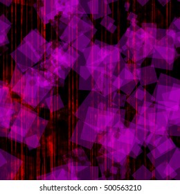 Purple squares with abstract line background. Red, black. Square seamless pattern. Vertical stripes. For fabric, printing, wrapping paper, book cover.