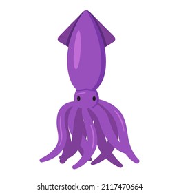 Purple squid, vector illustration in cartoon flat style. Sea and ocean animal. Tasty food for restaurant. Stylized image, clip art. Print for educational and recipe books. 