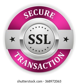 Purple ssl secure transaction badge with silver border on white background