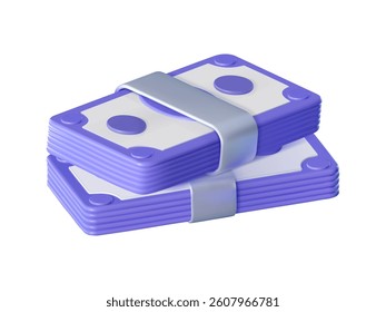 Purple stacks of money with metallic bands. Great for financial presentations, banking apps, business visuals, and marketing materials. Transparent background for easy integration