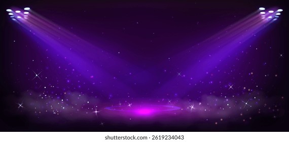 Fundo de cerimônia de premiação de palco roxo com iluminação holofote festivo. Elegante fundo violeta escuro com luzes brilhantes vibrantes, brilho estrela piscando sobreposição, brilho brilhante brilhante brilhantes decorações.