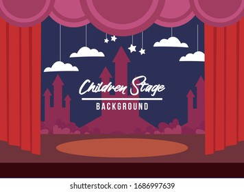 Purple stage with curtain and castle background. Flat Vector Illustration. Kids Design Background. Web vector illustration. Vector Background.