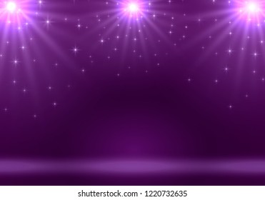 Purple stage lights. Star background cover. Vector illustration.