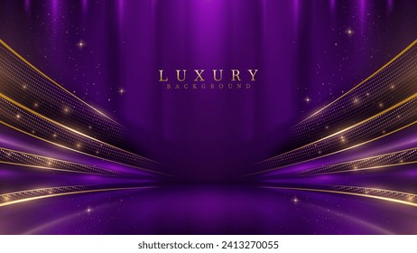 Purple stage scene with vibrant violet neon light effects, Golden curves and bokeh. Luxury modern background. Vector illustration.