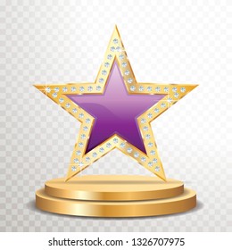 purple star with diamonds on golden podium, vector template for cosmetics, show business or something else