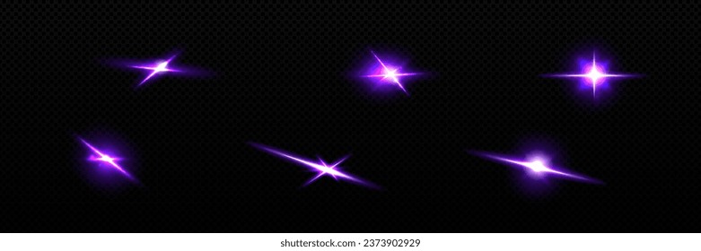 Purple star light flare vector twinkle glow effect. Bright camera flashlight glitter spark. Isolated glimmer halo element. Optical disco shiny glitz. Abstract flicker particle with violet dazzle beam