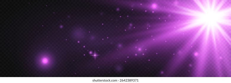 Purple star. Light flashes with sparks and glittering particles. Bright shine. Vector illustration.