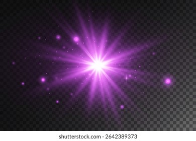 Purple star. Light flashes with sparks and glittering particles. Bright shine. Vector illustration.