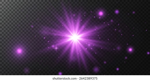 Purple star. Light flashes with sparks and glittering particles. Bright shine. Vector illustration.