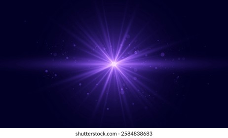 Purple Star Light Ray Burst. Abstract Nova Star Light Explosion with Flying Particles and Lens Flare Effect. Light Background. Vector Illustration.