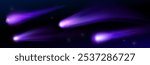 Purple star light trail magic effect. Comet or meteor fire vector. 3d space game ball with neon tail shine and sparkle fall. Vfx of shooting cosmic asteroid. Speed missile flying motion in night sky