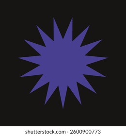 A purple starburst shape with sharp points on a black background. The starburst design is bold and striking. Purple starburst contrasts with black. Shape element vector.