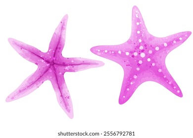 Purple starfish. Vector watercolor set of sea animals