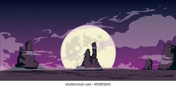 Purple starry sky over desert
rocks silhouette, full moon vector illustration