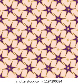 Purple Stars Ornamental Seamless Vector Pattern. Drawn Gold Starry llustration for Winter Fashion Prints, Christmas Packaging, Magical Paper Goods, Nordic Wrap or Stationery. Purple Mustard Yellow