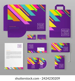 Purple stationery template design with multicolored lines. Set of business corporate identity mock up. Documentation for business.