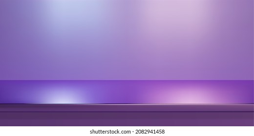 La contraparte de acero morado, la estantería vacía. Vector de maquillaje realista de la mesa, mostrador de cocina sobre fondo violeta con luz spot. Superficie del mostrador de barras en primer plano