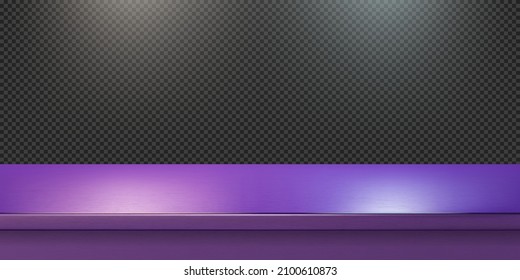 La contraparte de acero morado, la estantería vacía. Modelación vectorial realista de la mesa superior, mostrador de cocina sobre fondo transparente con luz spot. Superficie del mostrador de barras en primer plano