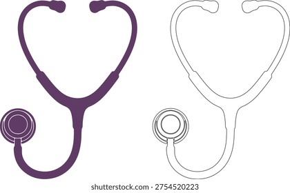 Purple stethoscope forming heart shape and outline stethoscope