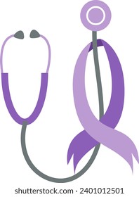 purple stethoscope and purple ribbon as a symbol for the world cancer day celebration, stylized flat icon