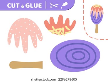 Purple stick. Ice cream. Cut and glue.  Ice cream, glaze. Applique. Paper education game. Flat, cartoon. Isolated vector illustration eps 10