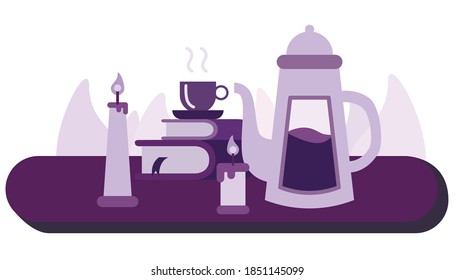purple still life with teapot? candles and books