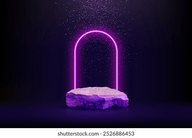 Ilustração de vetor de pódio de prêmio de pedra roxa. Abstrato vazio 3d violeta rock palco com neon brilhante quadro de arco no fundo preto. Apresentação de produtos de luxo, design de indústria de beleza.