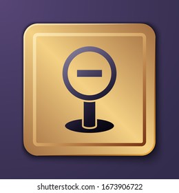 Purple Stop sign icon isolated on purple background. Traffic regulatory warning stop symbol. Gold square button. Vector Illustration